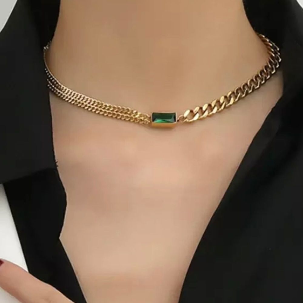 Minimalist Green Zircon‎ Goldtone SS Necklace and Earrings